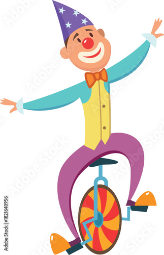 A clown is riding a unicycle