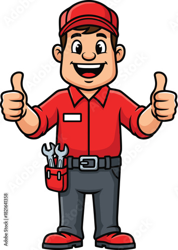 Smiling Cartoon Mechanic Giving Thumbs Up Approval on White Background, Automotive Repair Professional Mascot Exuding Positivity, Success, and Confidence for Service Industry Marketing, Construction,
