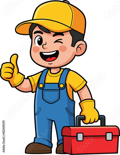 Cheerful Cartoon Repairman Giving Thumbs Up with Toolkit – Smiling Maintenance Worker Illustration for Website Graphics, Presentations, and Service Industry Marketing, Expressing Positivity and Confid