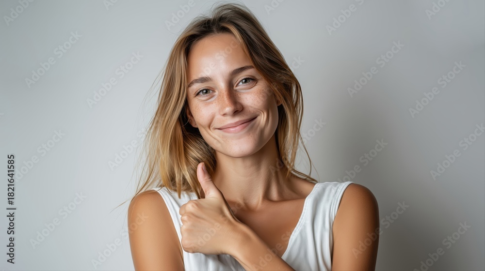 Fototapeta premium Jeune femme souriante faisant un geste du pouce levé sur fond blanc