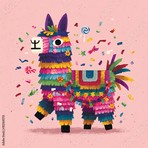 Cute colorful llama pinata surrounded by flying confetti on pink background, celebrating fun, party mood and vibrant festive Latin-inspired design. Vector illustration