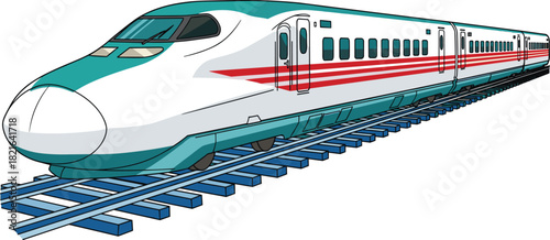 High-Speed Train on Tracks Delivering Passengers to Destinations, Modern Bullet Train Travel Concept for Business, Technology, and Tourism Applications, Cartoon Vector Illustration in Linear Style, Fa