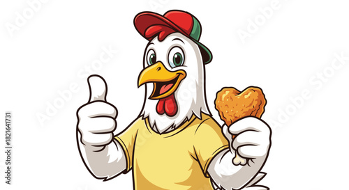 Enthusiastic Chicken Mascot Holds Fried Chicken Drumstick Giving a Thumbs Up on White Backdrop, Perfect for Restaurant Promotion, Food Advertising, Fast Food Concept, Happy Cartoon Animal with Tasty T