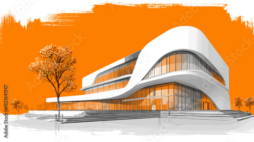 Futuristic Modern Office Building Architectural Design with Organic Curves, Glass Facade, and Bold Orange Background Illustration