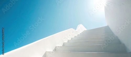 Ascending to serenity, A minimalist view of white stairs against a vibrant blue sky