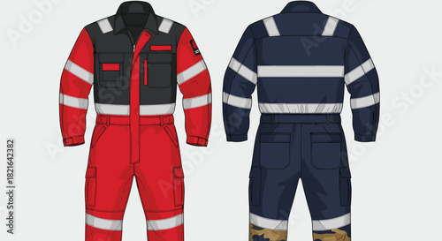 Paramedic Jumpsuit Uniforms for Emergency Services Training and Simulation: Red and Black First Responder Suit, Blue Rescue Overall, Professional High-Visibility Workwear for Safety, Medical, and Cons