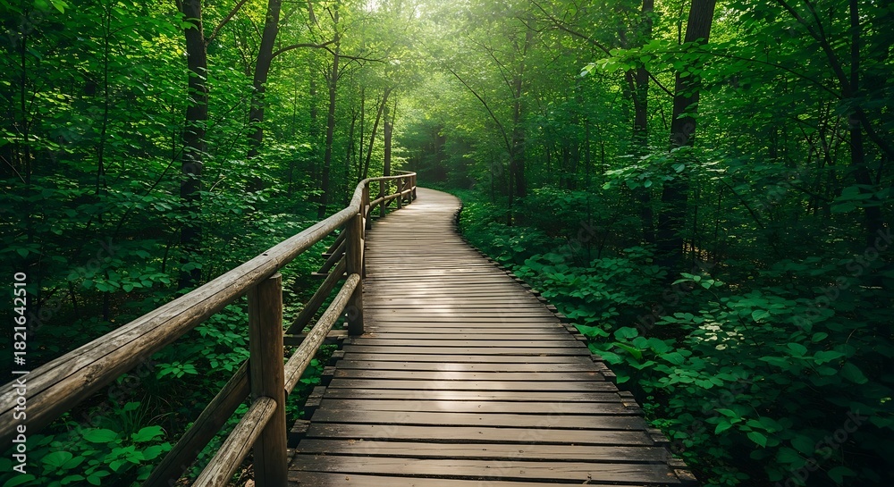 Obraz premium Escape to serenity with a peaceful walk on this wooden path in the lush green forest, perfect for wellness retreats and nature-inspired designs
