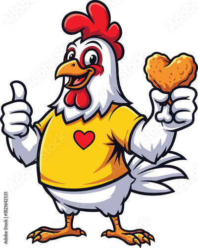 Cheerful Chicken Mascot Holding Heart-Shaped Nugget Giving Thumbs Up on White Background, Perfect for Fast Food Marketing and Restaurant Advertising, Expressing Love for Fried Chicken with a Funny Car