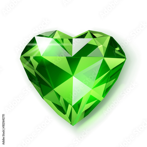 A vibrant green gemstone cut into a heart shape, with intricate facets and a subtle shadow effect on a white background.