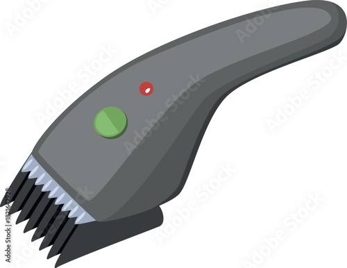 A gray electric hair trimmer with a green button
