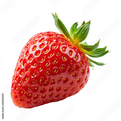 Fresh Ripe Strawberry With Vibrant Red Color and Green Leaves on White Backgr...