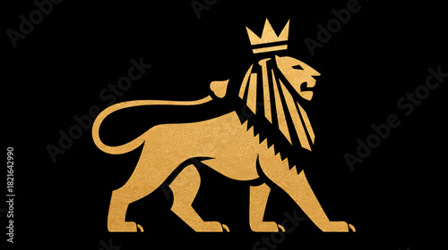 Golden Lion with Crown Symbol Illustration. Majestic Royal Animal on Black Background. Power and Elegance Concept.