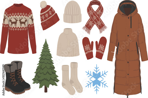 Charming winter apparel collection featuring cozy sweaters, warm mittens, stylish boots, and a festive Christmas tree, evoking a sense of holiday cheer and winter warmth
