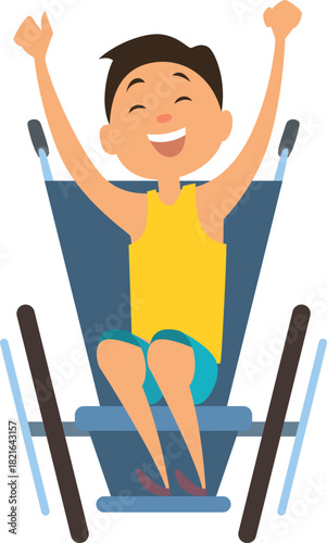 A boy in a wheelchair is smiling and holding his arms up in the air