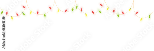 A festive garland of glowing red, green, and yellow Christmas fairy lights hanging on a string.
