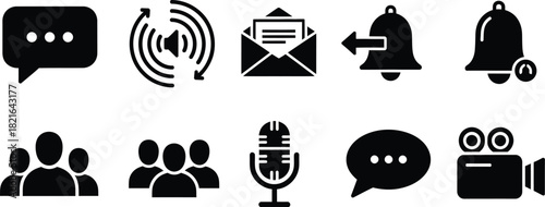 Set of black and white communication and media icons