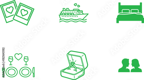 Romantic honeymoon vacation and wedding anniversary celebration line icons depicting a cruise ship engagement ring photos romantic dinner couple and comfy bed to celebrate love