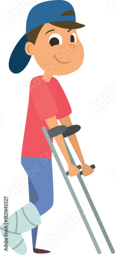 A boy with a cast on his leg is walking with crutches