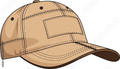 Detailed Baseball Cap Vector with Stitching and Blank Patch, Tan Apparel Mockup for Outdoor Design