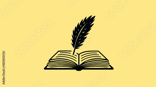Stylized Quill Pen in Open Book Icon Representing Education, Literature, Writing, Storytelling, and Knowledge - Vector Graphic