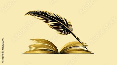 Elegant golden quill pen writing in an open book. Concept of literature, education, storytelling, wisdom, knowledge, and history.