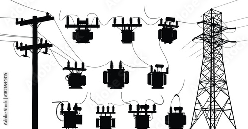 Large Collection of High Voltage Transformers, Utility Pole, and Power Transmission Tower Vector Silhouettes Set