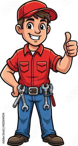 Smiling Cartoon Mechanic Giving Thumbs Up for Automotive Repair Success, Handyman Professionalism, Skilled Trades Advocate in Workplace Setting, Construction Industry Mascot, Cheerful Technician Illus