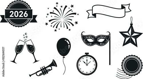 2026 new year s eve celebration elements in black and white sketch style