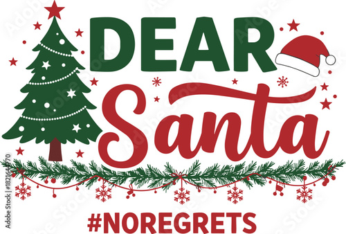 Christmas gnome trio with festive hats, gifts, ornaments and tree, humorous holiday text illustration, whimsical artwork, cad drawing flat vector design