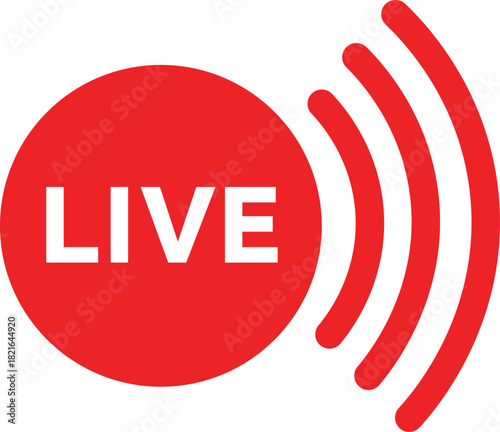 Red circle with white text LIVE and radiating waves live broadcast