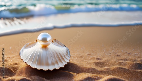 peal shell with a gigantic pearl on the sand by the beach wave beauty and rarity of perfect pearls