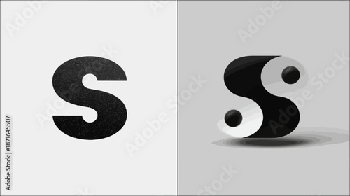 Abstract letter S design showing transformation from flat black 2D to 3D yin-yang symbol, contrasting typography concept.