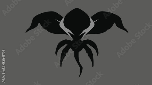 Dark fantasy creature silhouette with wings and tentacle-like limbs, abstract monster icon, vector graphic element