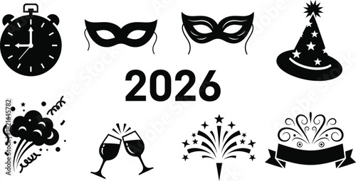 New year s eve 2026 celebration icons in black and white