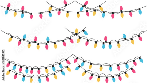 Christmas string lights with colorful bulbs, festive holiday decoration illustration set, seasonal celebration artwork, cad drawing flat vector design
