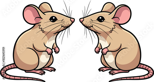 Two Cartoon Mice Chatting Face to Face on White Background, Cute Rodents Conversing in a Friendly Manner for Children's Illustrations, Educational Materials, Storybooks, and Animated Content, Black Ou