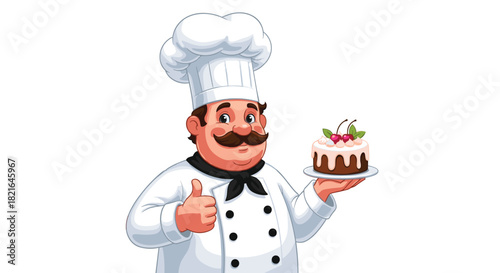 Delightful Chef Presenting a Decadent Chocolate Cake with Cherries: Cartoon Cook Holding Dessert with Pride in a Bright Kitchen, Perfect for Restaurant Menus, Culinary Arts, Baking Tutorials, Food Blo