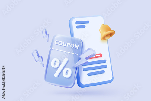3D thunder bolt icon with coupon for sale and shopping online, discount coupon in mobile phone. flash lightning on alert notice special offer promotion. 3d price tags icon vector render illustration