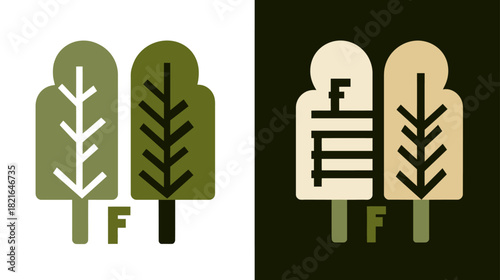 Minimalist abstract tree icon design concept with letter F, showing both light and dark mode versions for graphic identity.