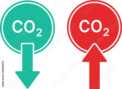 Green CO2 decrease icon and red CO2 increase icon on white carbon dioxide