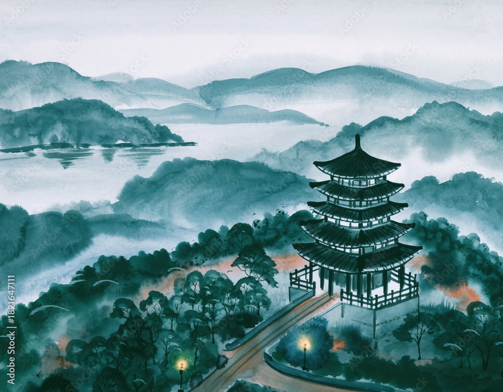 Obraz premium Serene Landscape with Traditional Pagoda and Misty Mountains