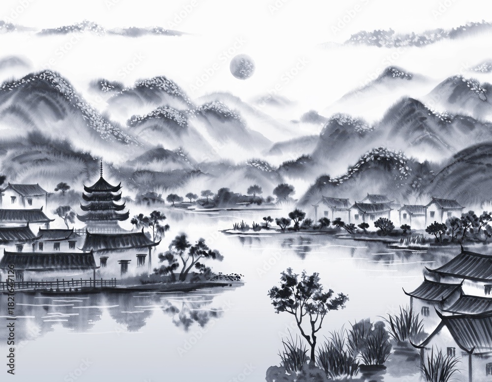 Obraz premium Serene Chinese Landscape with Mountains and Reflections in Water