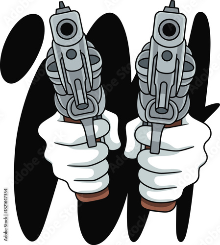 Cartoon hands holding dual revolvers, white gloves pointing guns, retro vector illustration, gangster weapon concept, vintage animation style art.