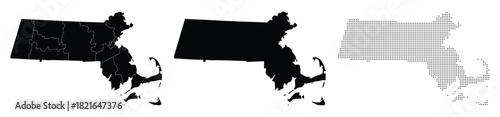 Massachusetts State Silhouette Vector Map with Counties and Points