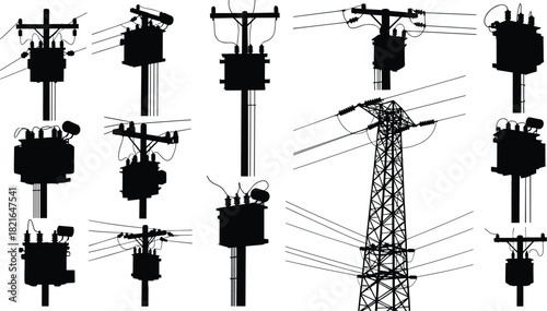 Comprehensive Electric Power Grid Elements: Transmission Tower, Utility Poles, and Diverse Transformer Silhouette Set