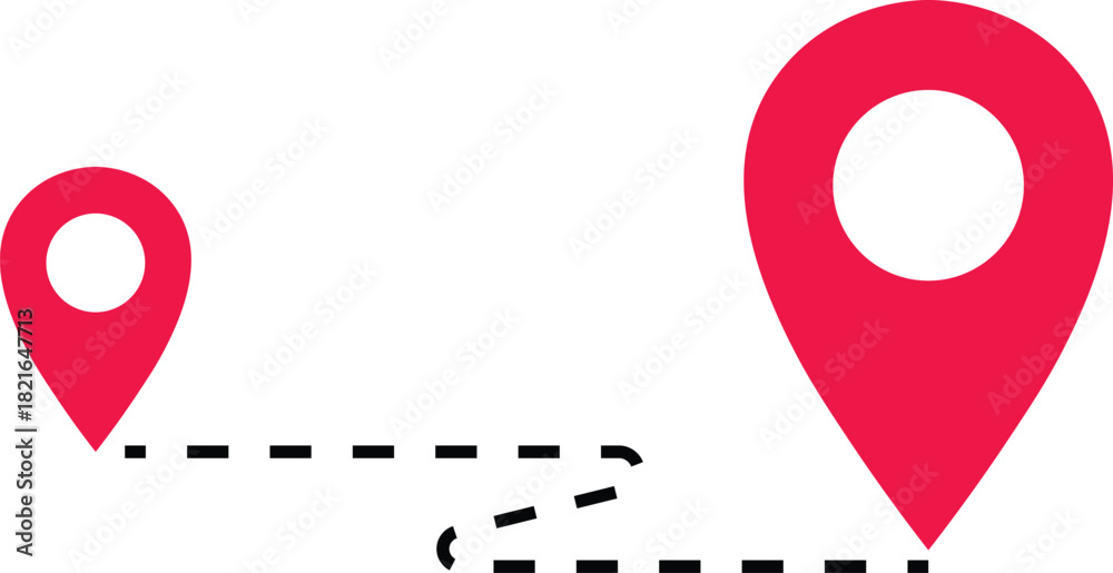 Fototapeta premium Two red map pins connected by a dashed line path location marker navigation