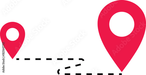 Two red map pins connected by a dashed line path location marker navigation