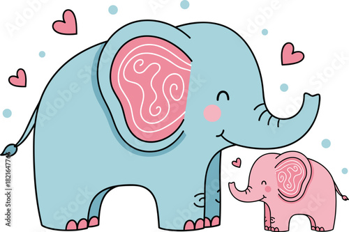 Delightful Cartoon Elephant Family Illustration: A heartwarming scene of a blue mother elephant with pink accents lovingly watching over her baby elephant with hearts and polka dots, ideal for nursery