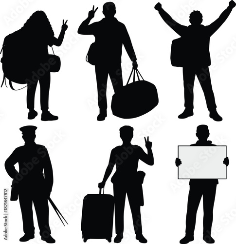 Traveler silhouette set, tourists with luggage bags, police officer with baton, man holding blank sign, isolated black vector collection.