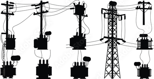 Set of electric power grid silhouettes including transformers, utility poles, and transmission tower vector illustration.